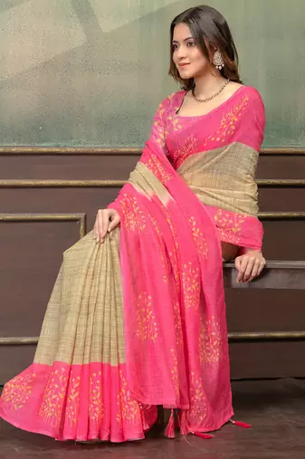 beige and pink colour Linen cotton Instant Wear  saree with unstitched blouse
