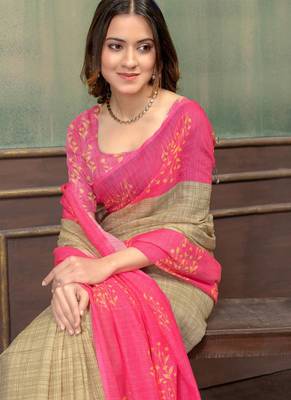 beige and pink colour Linen cotton Instant Wear  saree with unstitched blouse 5