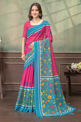 pink colour Linen cotton ready to wear saree with unstitched blouse