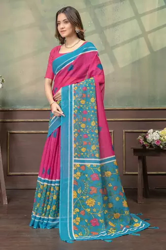 pink colour Linen cotton Instant Wear saree with unstitched blouse
