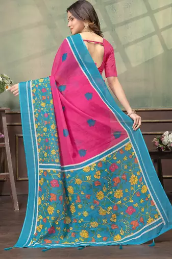 pink colour Linen cotton Instant Wear saree with unstitched blouse