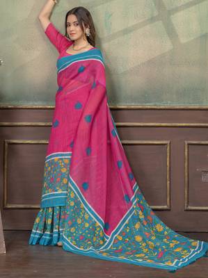 pink colour Linen cotton Instant Wear saree with unstitched blouse 4