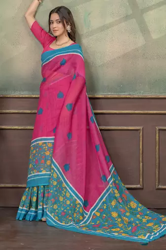 pink colour Linen cotton Instant Wear saree with unstitched blouse