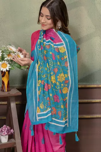 pink colour Linen cotton Instant Wear saree with unstitched blouse