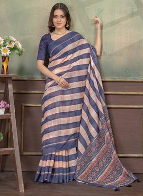 Linen cotton Instant Wear saree with unstitched blouse 4