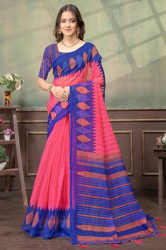 pink colour Linen cotton ready to wear saree with unstitched blouse