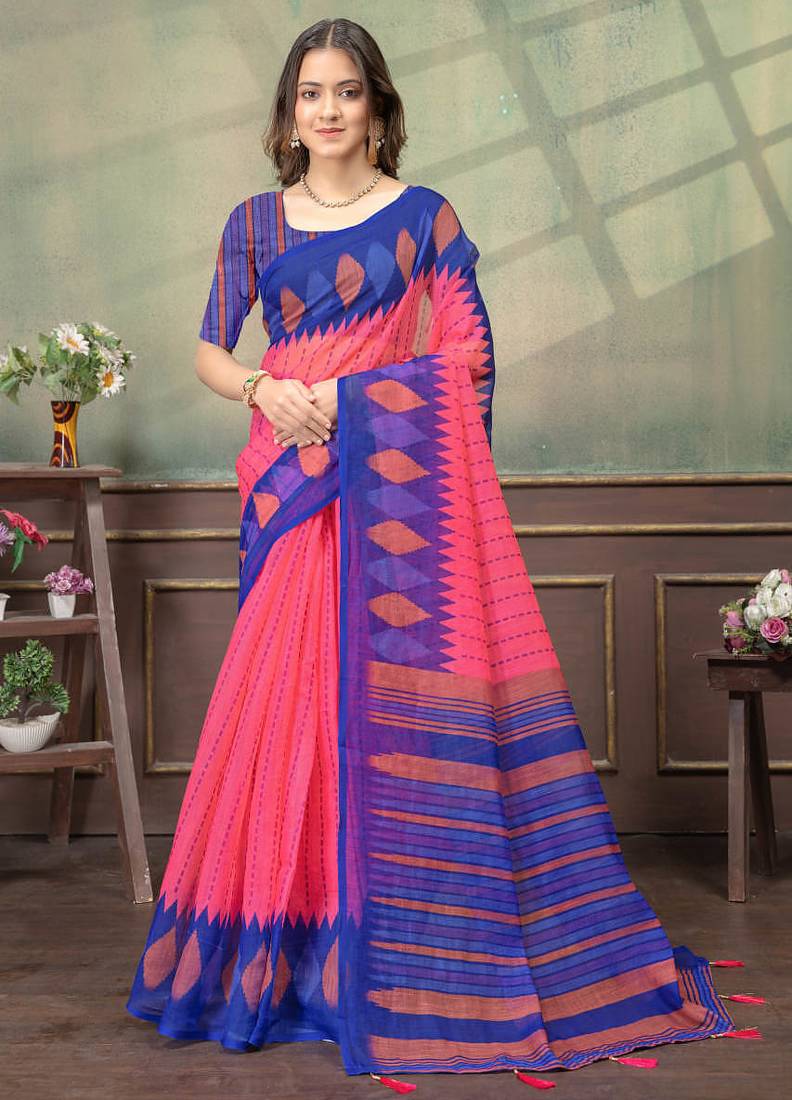 pink colour Linen cotton ready to wear saree with unstitched blouse