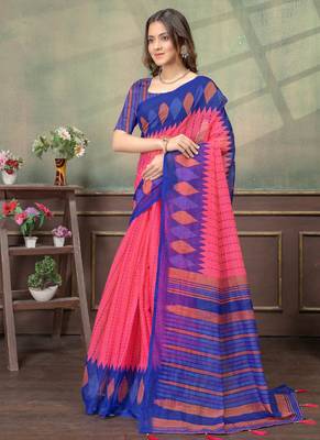pink colour Linen cotton Easy to wear saree with unstitched blouse 2