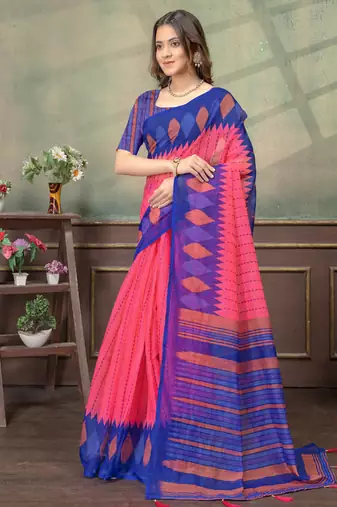 pink colour Linen cotton Easy to wear saree with unstitched blouse