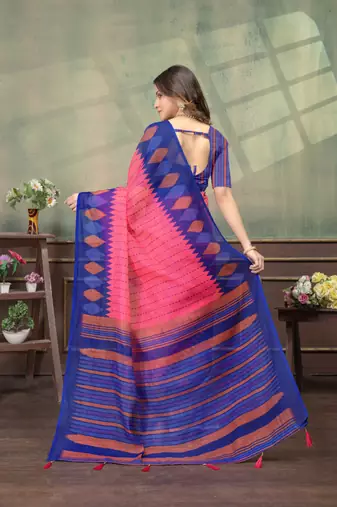 pink colour Linen cotton Easy to wear saree with unstitched blouse