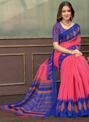 pink colour Linen cotton Easy to wear saree with unstitched blouse 4