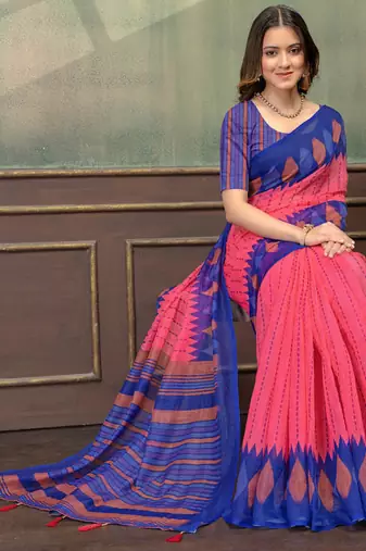 pink colour Linen cotton Easy to wear saree with unstitched blouse