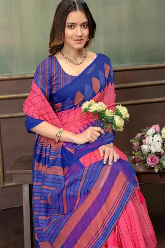 pink colour Linen cotton Easy to wear saree with unstitched blouse