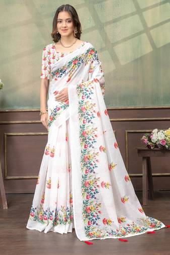 white colour Linen cotton ready to wear saree with unstitched blouse