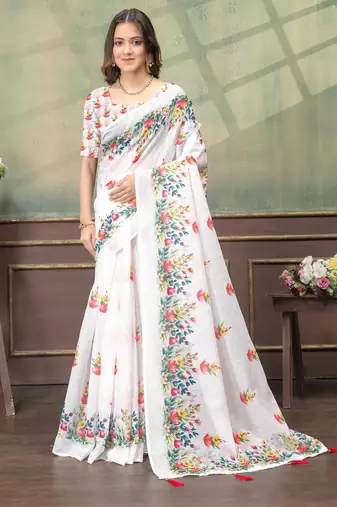 white colour Linen cotton ready to wear saree with unstitched blouse