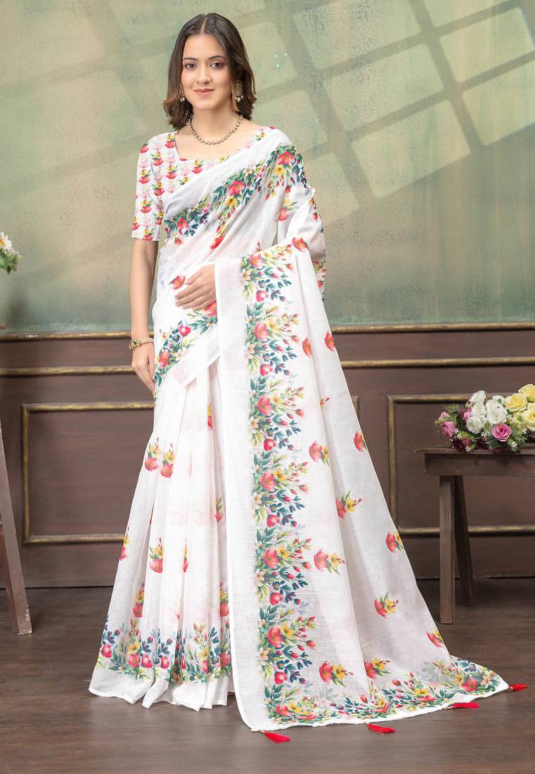 white colour Linen cotton ready to wear saree with unstitched blouse