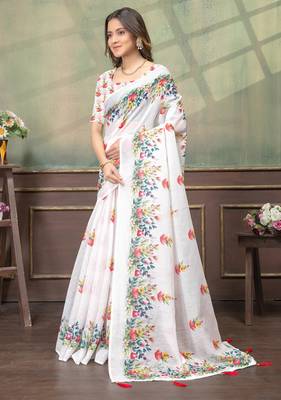 white colour Linen cotton Easy to wear saree with unstitched blouse 2