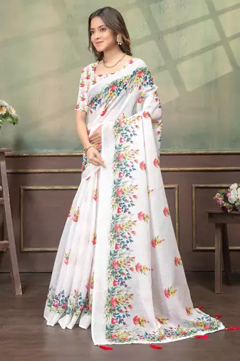 white colour Linen cotton Easy to wear saree with unstitched blouse