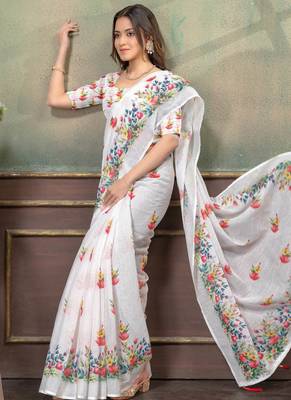white colour Linen cotton Easy to wear saree with unstitched blouse 4