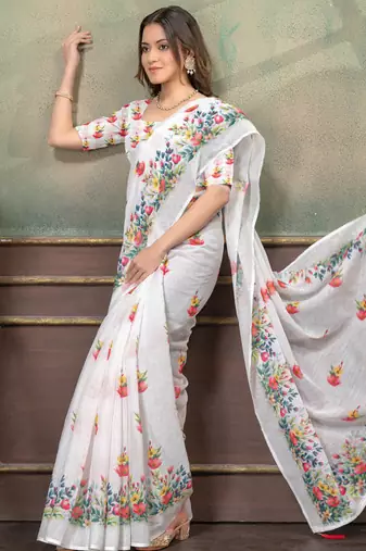 white colour Linen cotton Easy to wear saree with unstitched blouse