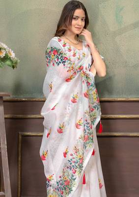 white colour Linen cotton Easy to wear saree with unstitched blouse 5