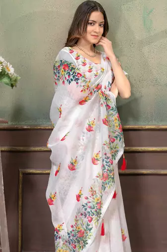 white colour Linen cotton Easy to wear saree with unstitched blouse