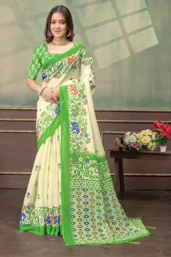 cream and green colour Linen cotton ready to wear saree with unstitched blouse