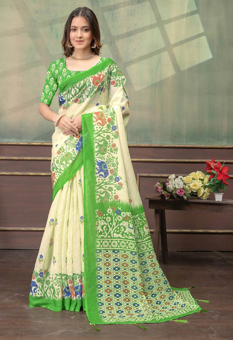 cream and green colour Linen cotton ready to wear saree with unstitched blouse