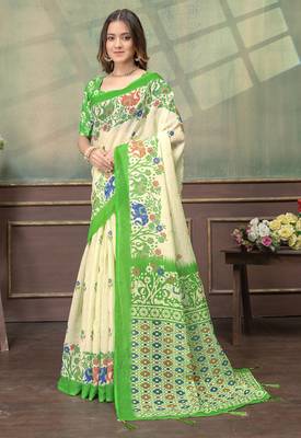 cream and green linen cotton pre draped saree 2