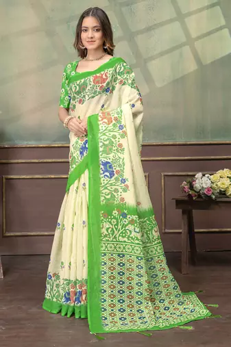 cream and green linen cotton pre draped saree