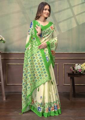 cream and green linen cotton pre draped saree 4