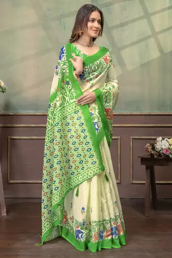 cream and green linen cotton pre draped saree