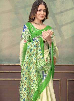 cream and green linen cotton pre draped saree 5