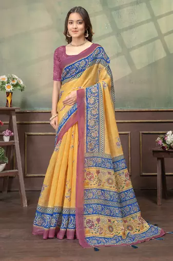 yellow colour Linen cotton ready to wear saree with unstitched blouse