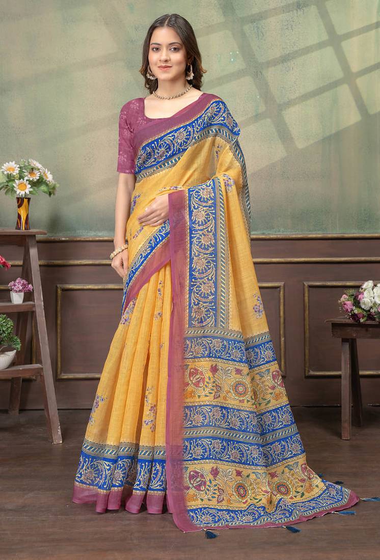 yellow colour Linen cotton ready to wear saree with unstitched blouse