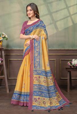 yellow colour Linen cotton Easy to wear saree with unstitched blouse 2