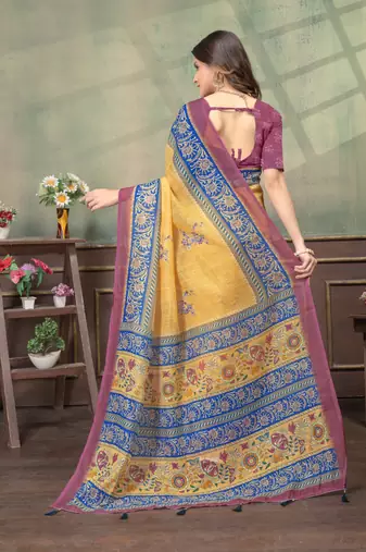 yellow colour Linen cotton Easy to wear saree with unstitched blouse