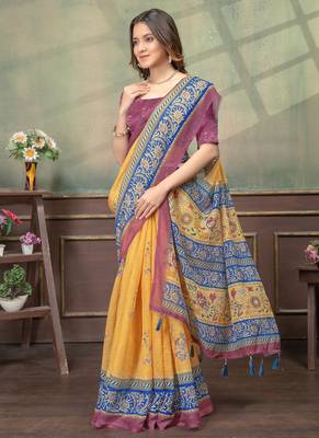 yellow colour Linen cotton Easy to wear saree with unstitched blouse 4