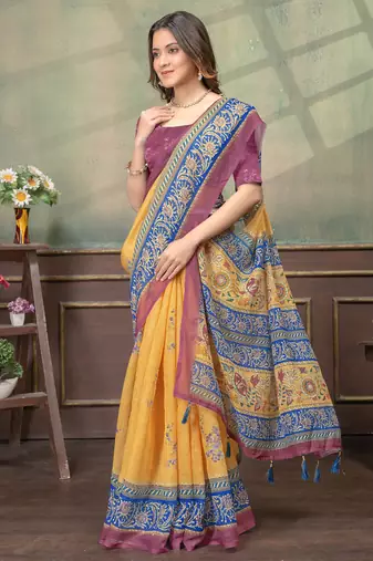 yellow colour Linen cotton Easy to wear saree with unstitched blouse