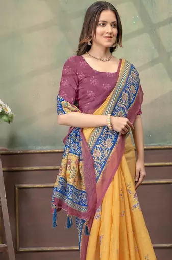 yellow colour Linen cotton Easy to wear saree with unstitched blouse