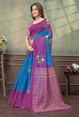 Linen cotton Easy to wear saree with unstitched blouse 2
