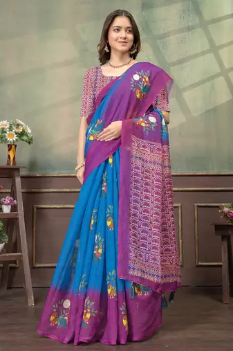 Linen cotton Easy to wear saree with unstitched blouse