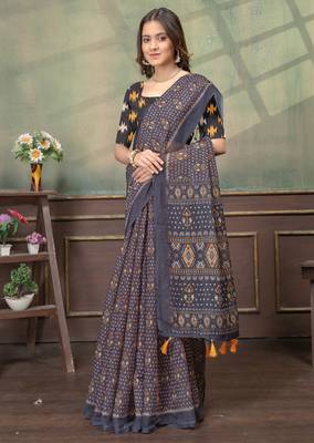 Linen cotton Easy to wear saree with unstitched blouse 4