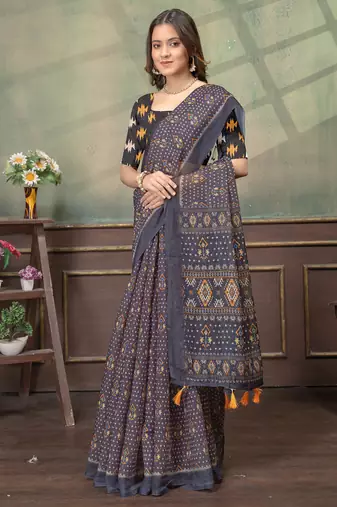 Linen cotton Easy to wear saree with unstitched blouse
