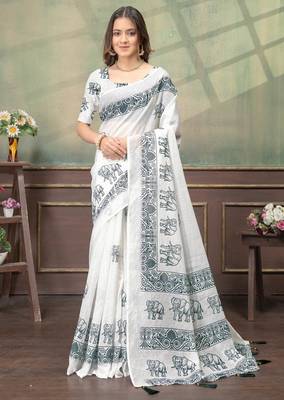 white colour Linen cotton Easy to wear saree with unstitched blouse 1