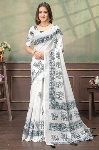 white colour Linen cotton ready to wear saree with unstitched blouse