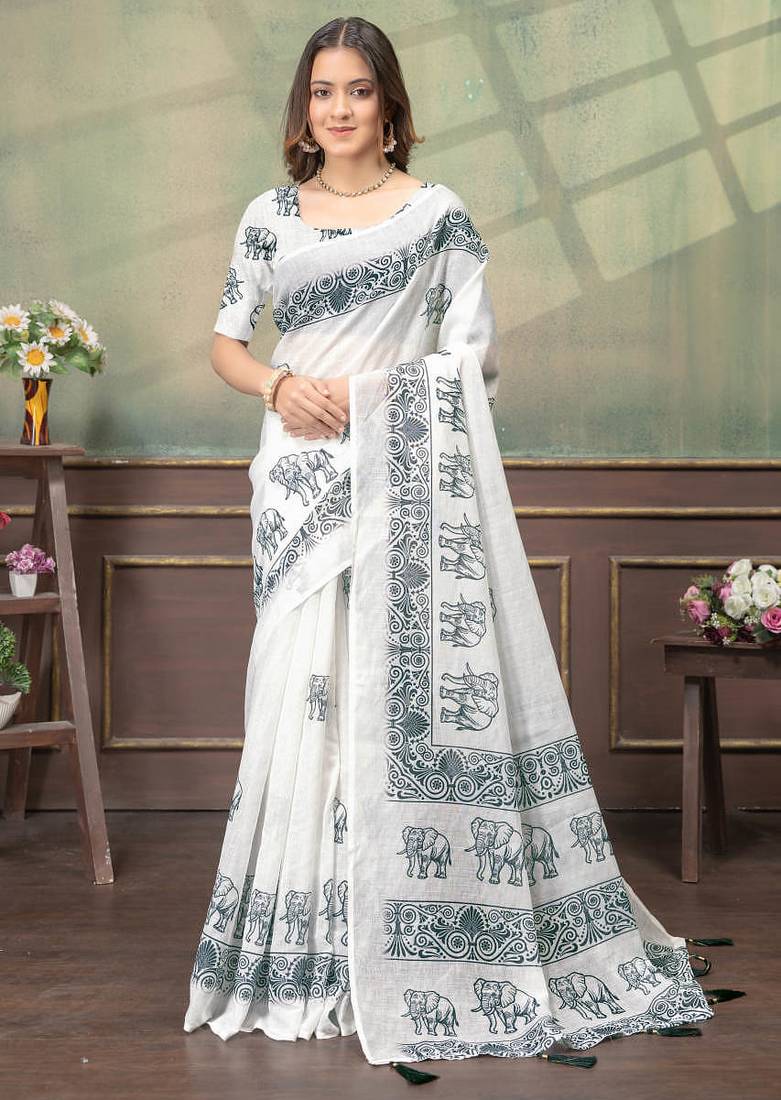 white colour Linen cotton ready to wear saree with unstitched blouse