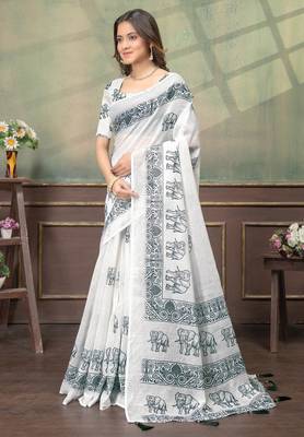 white colour Linen cotton Easy to wear saree with unstitched blouse 2