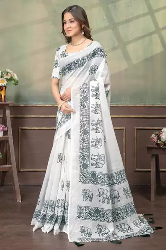 white colour Linen cotton Easy to wear saree with unstitched blouse
