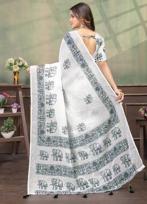 white colour Linen cotton Easy to wear saree with unstitched blouse 3
